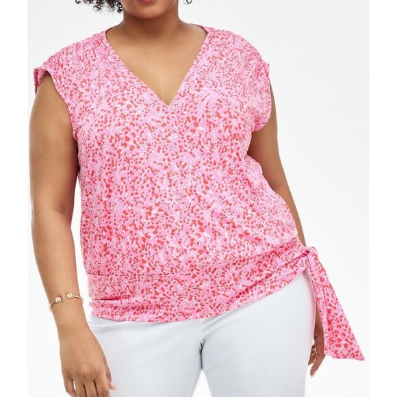 INC International Concepts Tops Women's Cap Sleeve Side Tie Print Pink Plus Size - Picture 8 of 8